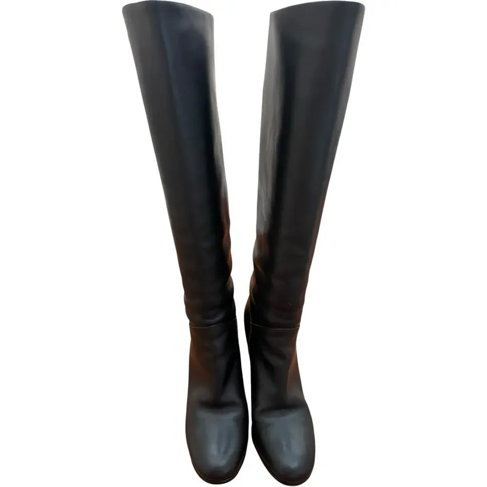 CHANEL Tall Black Leather Knee High Boots Size 38 CC Logo Block Heel